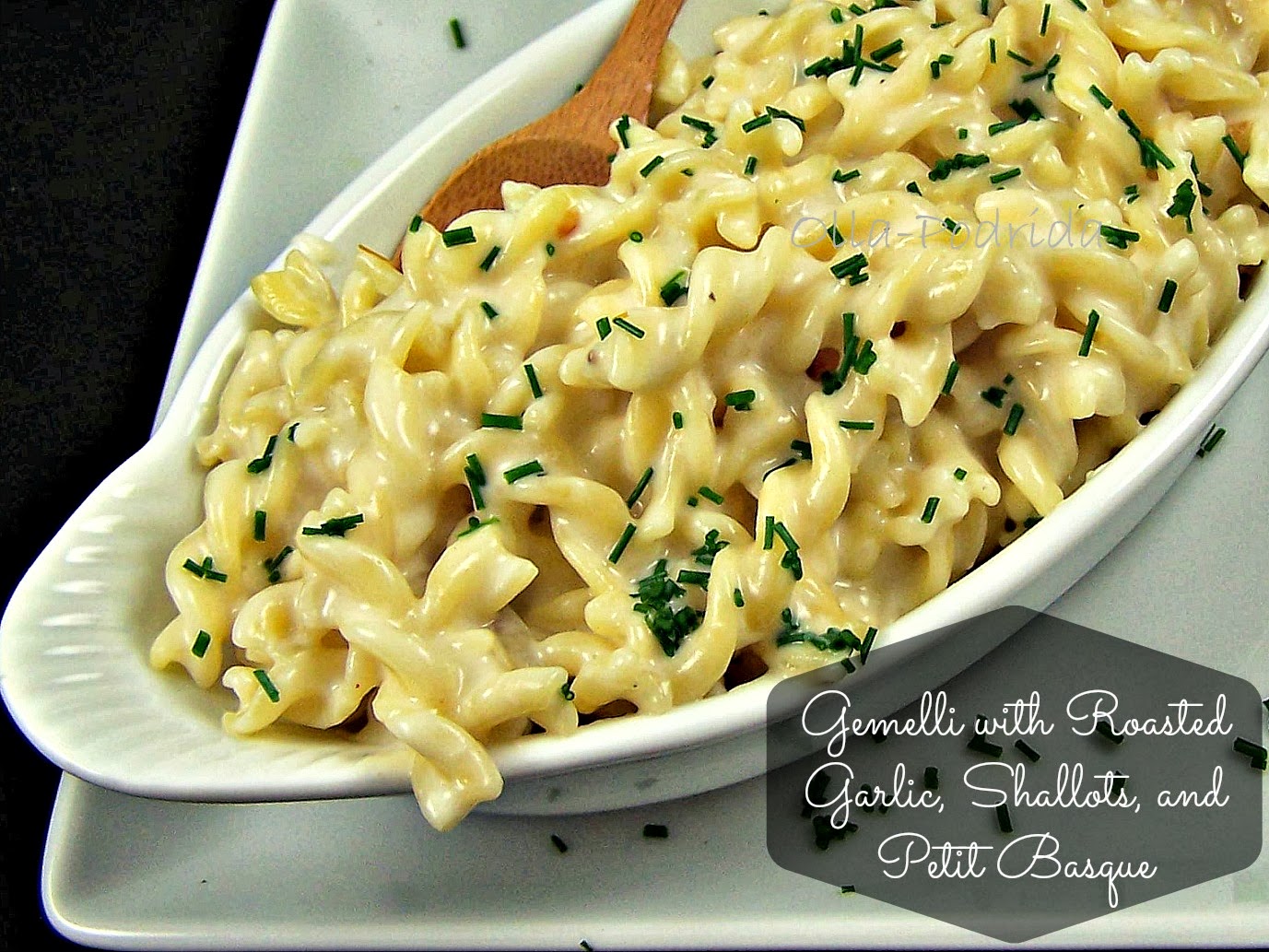 OllaPodrida Petit Basque with Roasted Garlic, Shallots, and Gemelli