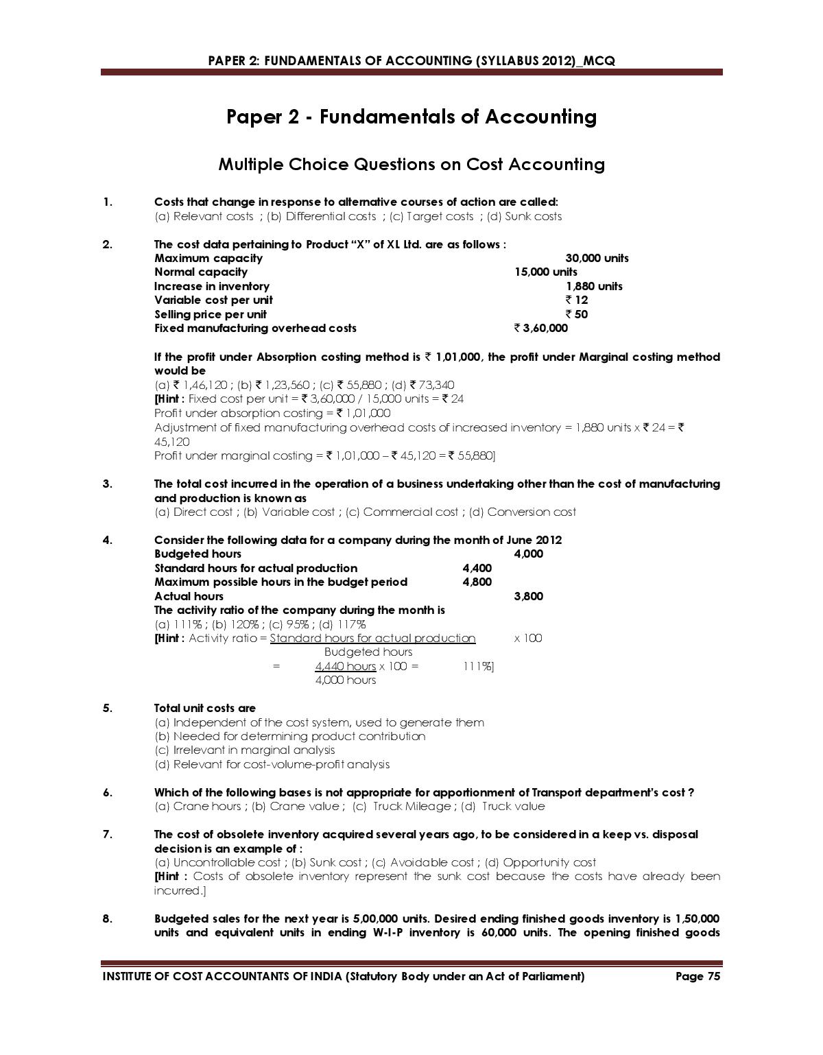 KNOWLEDGE FOR ALL MCQs FUNDAMENTAL OF ACCOUNTING COST ACCOUNTING