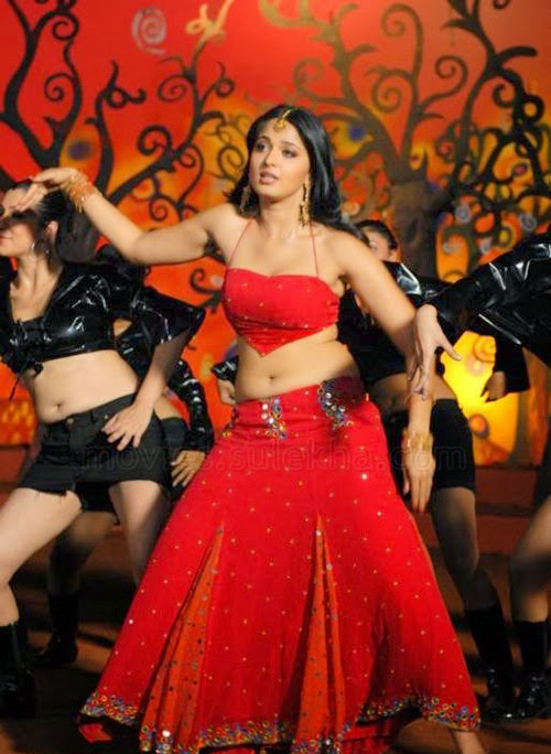 Anushka Shetty sexy navel in red dress, Anushka Shetty hot dance photos