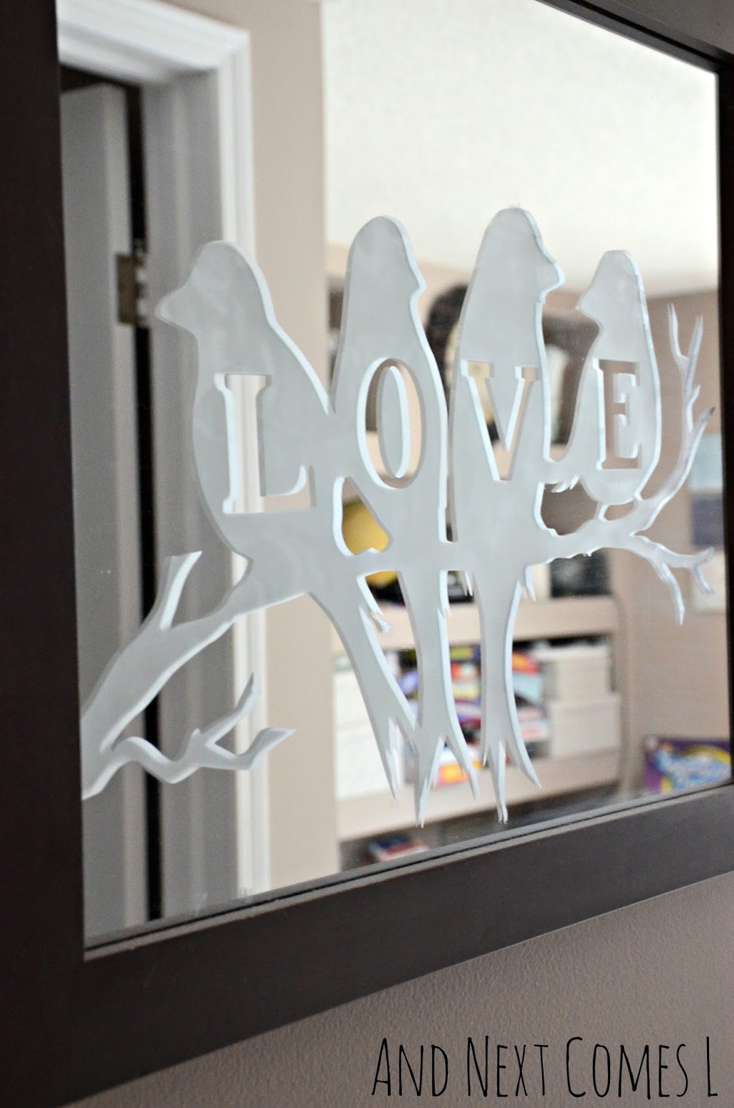 DIY lovebirds etched mirror from And Next Comes L
