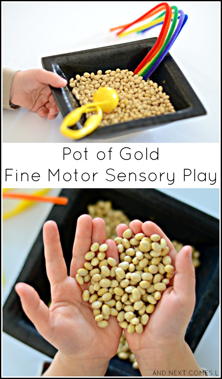 Pot of gold fine motor sensory play for kids that's perfect for St. Patrick's Day from And Next Comes L