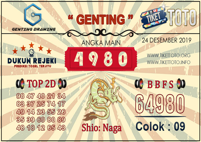 Prediksi Togel GENTING DRAWING TIKETTOTO 24 DESEMBER 2019