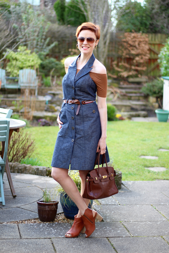 Fake Fabulous | Restyle your mistakes | Denim halterneck dress and tan.