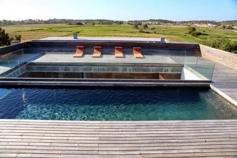terraza con suelo de pino y piscina