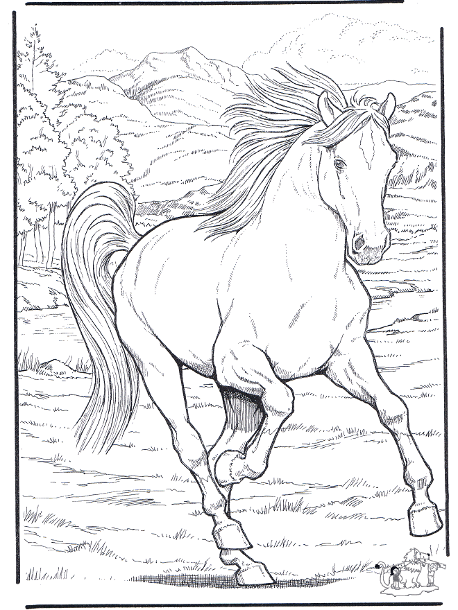 Tranh tô màu chú ngựa chạy trên núi