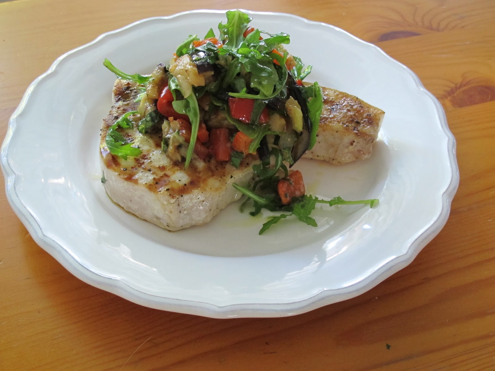 Kitchen Sink Diaries Grilled Swordfish with EggplantPepper Salad