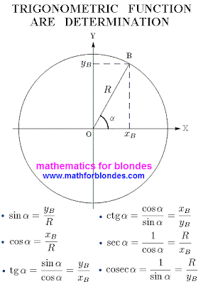 Trigonometric functions are determination about the coordinates of point and radius of circumference. Sine, cosine, tangent, cotangent, secant, cosecant, radius of circumference, coordinate of point. Mathematics for blondes.