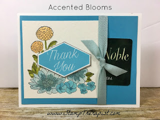 In this hand made gift card holder I used Stampin' Up!'s Accented Blooms stamp set!  I also used the Aqua Painter to color the flowers and the Tailored Tag Punch for the greeting.  All of the details are in the video on the blog!  #StampTherapist #stampinup www.StampTherapist.com 