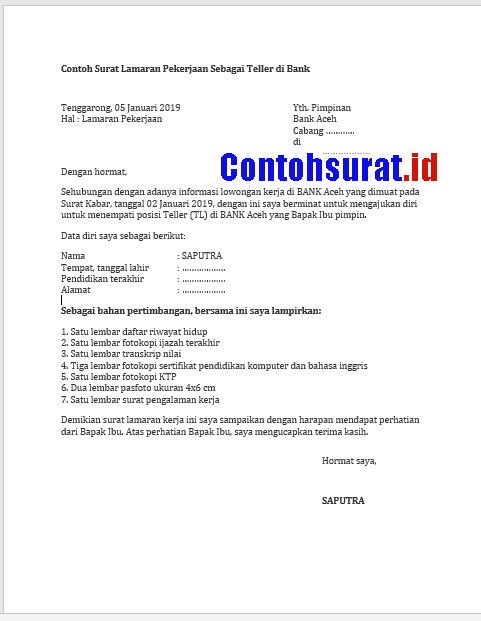 Contoh Surat Permohonan Lamaran Kerja Di Bank Bni Bank Aceh