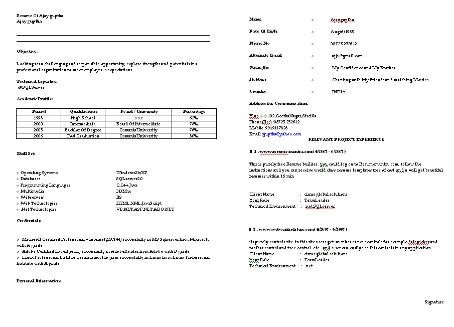 Sample resume for freshers  Sample Example