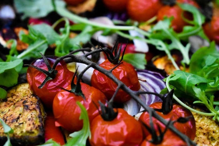 close-up of Spiced Roasted Vegetables with Arugula Rocket