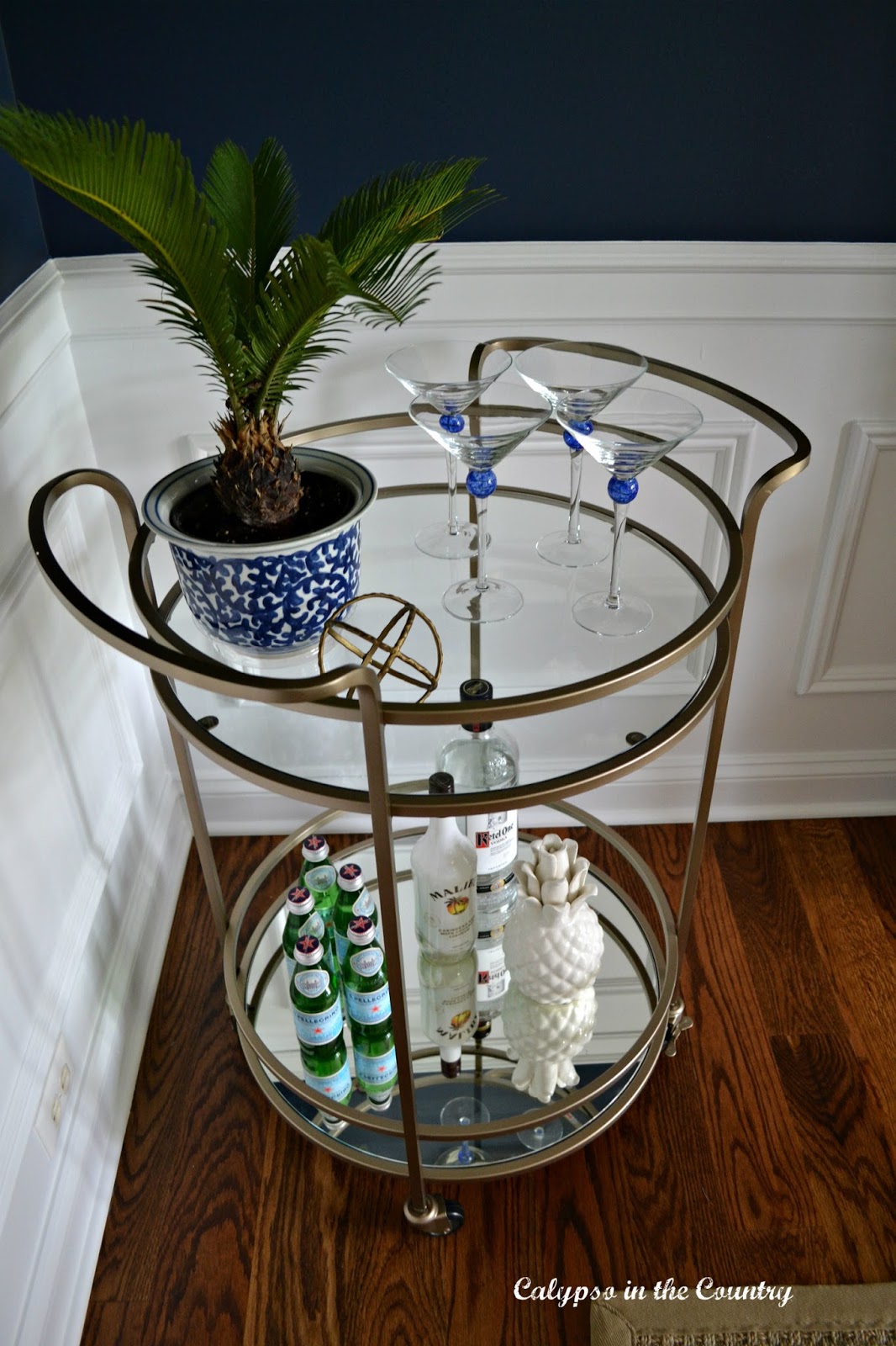 Gold Bar Cart in Navy Dining Room Gold Bar Cart in Navy Dining Room
