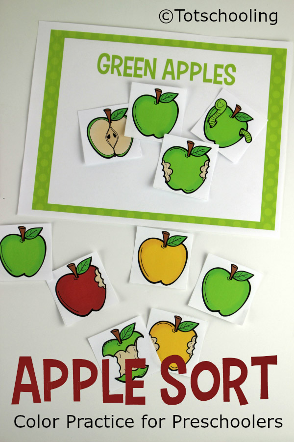 FREE Apple themed color sorting activity perfect for the Fall or Back to School for toddlers and preschoolers. Extend the activity into making Apple patterns for more preschool math fun!