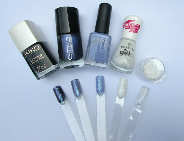 Swatches Kiko Poker nail lacquer 06 - Catrice Blue and a half men 66 - Kiko 338 - Essence the gel Wild white ways 33 + BPS Multi-chrome Powder Chameleon Glitter Powder - photo © Pedrìnail