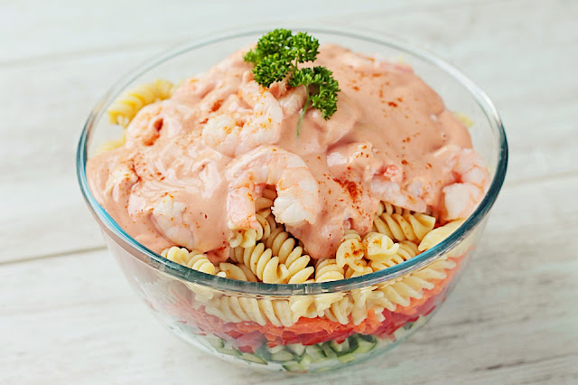 Layered Prawn Salad, healthy and colourful fit for any BBQ or summer lunch. Goodfoodshared.blogspot.com