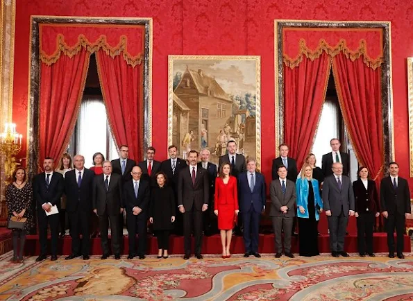 Queen Letizia of Spain attend 'Commemoration Of Cervantes Death' closing ceremony wore Felipe Varela skirtsuit, Carolina Herrera Animal Print Clutch Bag