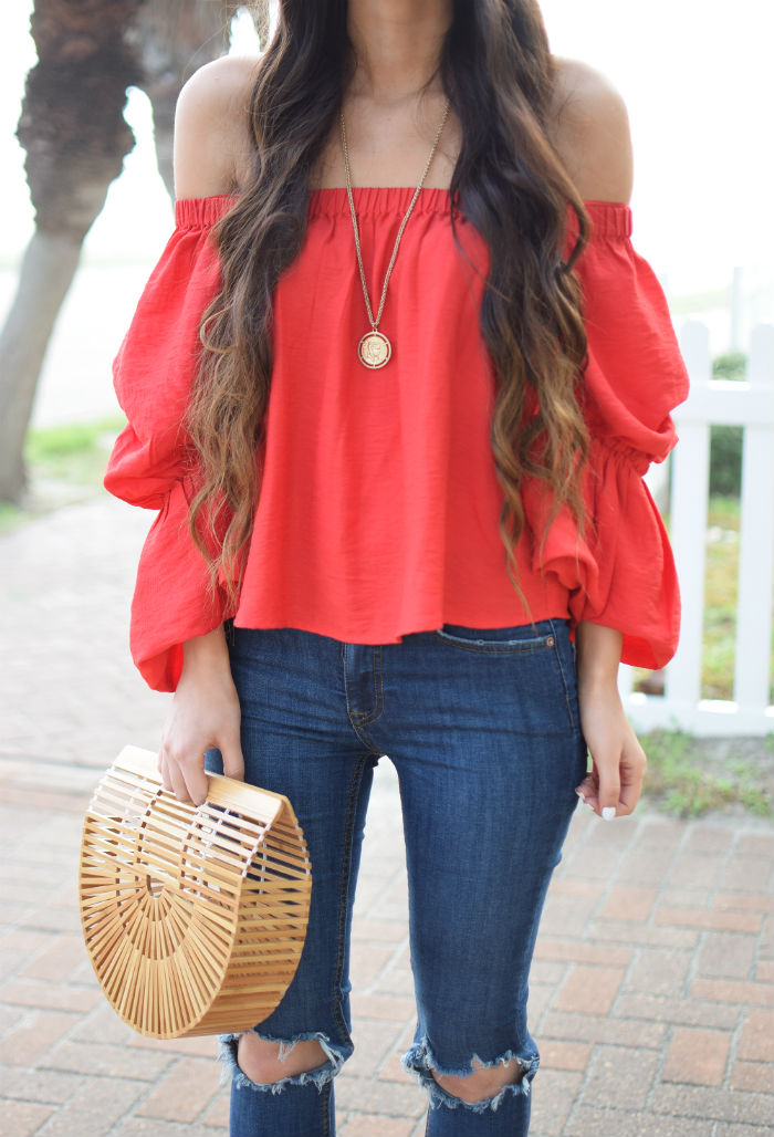 Styled In Sequins: Red Off The Shoulder Top