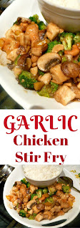Garlic Chicken Stir Fry:  Tender chicken pieces coupled with tasty mushrooms and broccoli bathed in a thick garlic sauce.  All in 20 minutes! Slice of Southern