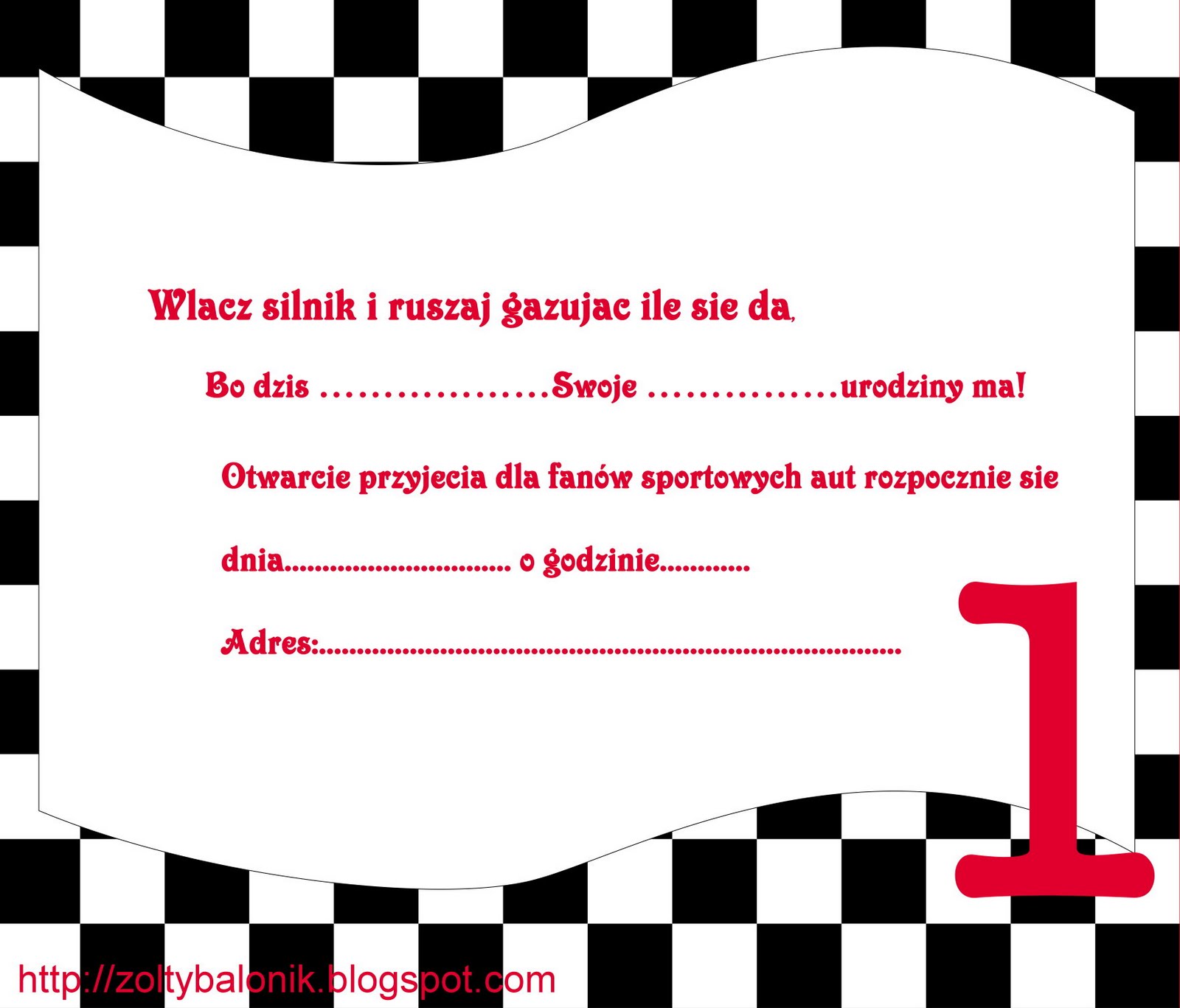 żółty Balonik Wyścig Auta Samochody Zaproszenia Ii
