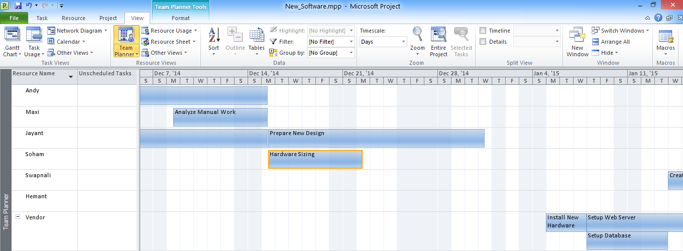Working with Team Planner Quick MS Project