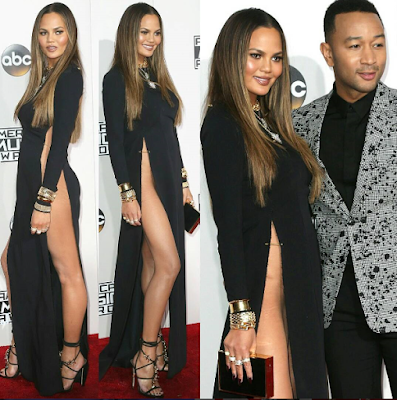 1a1a Chrissy Teigen attends the 2016 AMA in a very high slit dress and no underwear