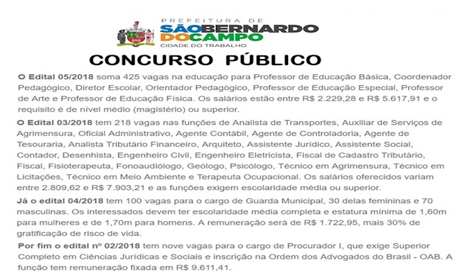 São Bernardo do Campo abre 4 Concursos Públicos com 752 vagas para níveis médio e superior, com salários de R$ 1.722,95 a R$ 9.611,41.