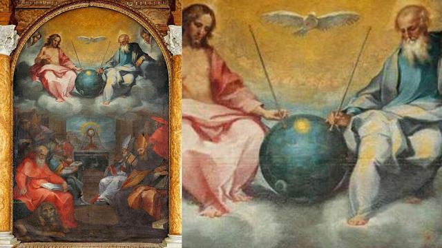 Ancient piece of art with a UFO and antennas in it called "Glorification of the Eucharist" painted by Bonaventura Salimbeni in 1600. Ancient-piece-of-art-with-a-UFO-and-antennas-in-it-called-"Glorification-of-the-Eucharist"-painted-by-Bonaventura-Salimbeni-in-1600.