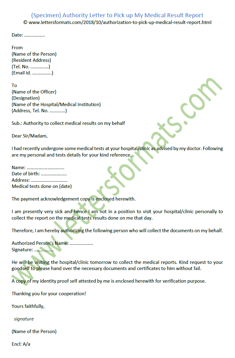 Sample Authority Letter to Pick up My Medical Result Report