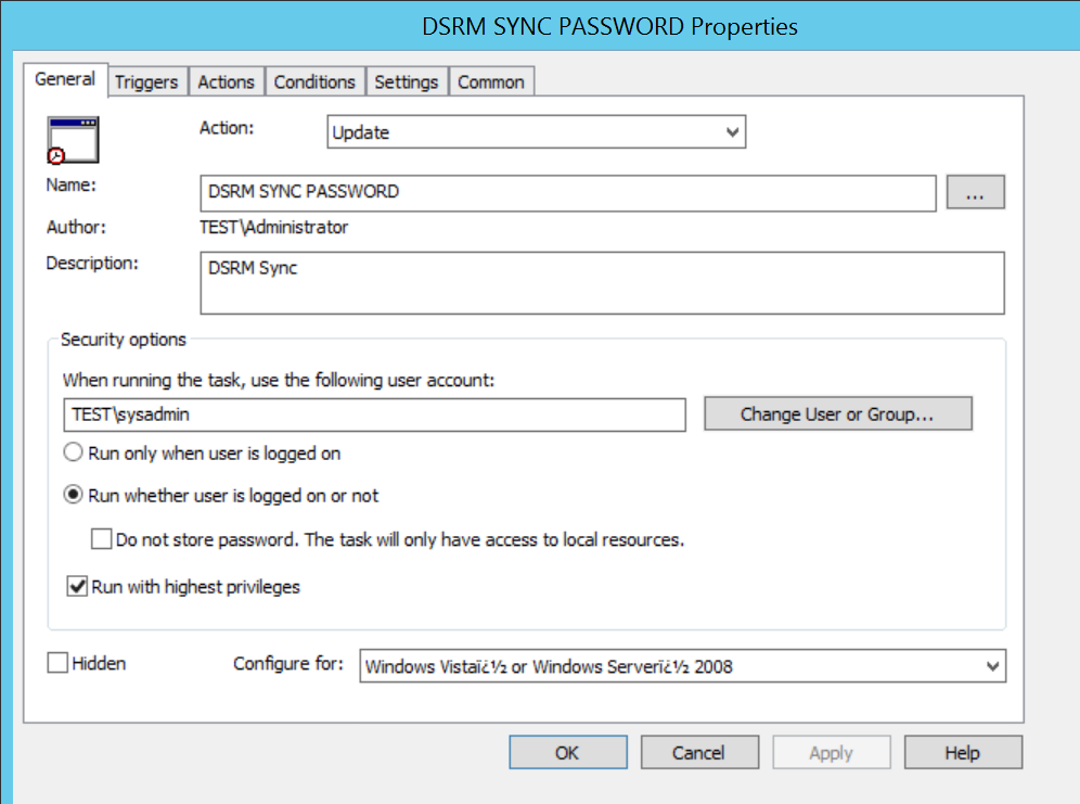 Аккаунт с ГПО. Как сделать task. DSRM. Windows properties Security. Action properties