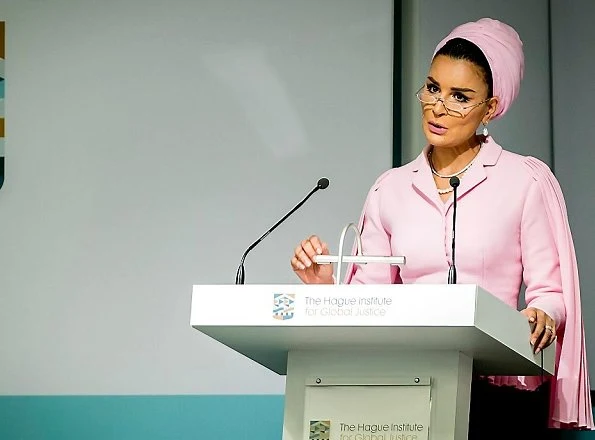 Queen Maxima wore ROKSANDA Margot crepe dress. Queen Maxima and Sheikha Moza bint Nasser from Qatar attended the seminar in Hague