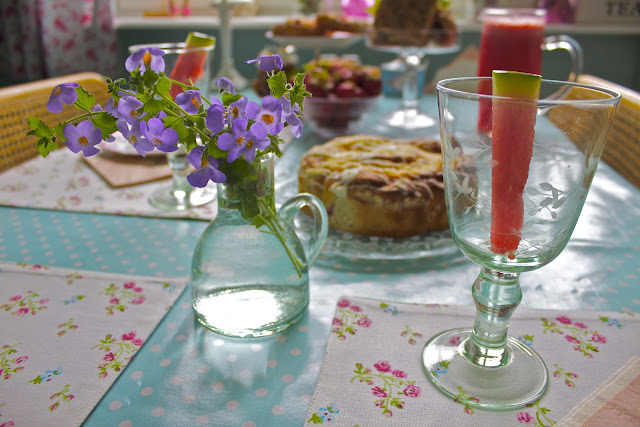 snack tabel, summer snacks, hand painted china, watermelon dirnks