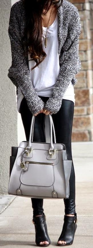 Street fashion | Black leather pants grey cardigan handbag | Luvtolook ...