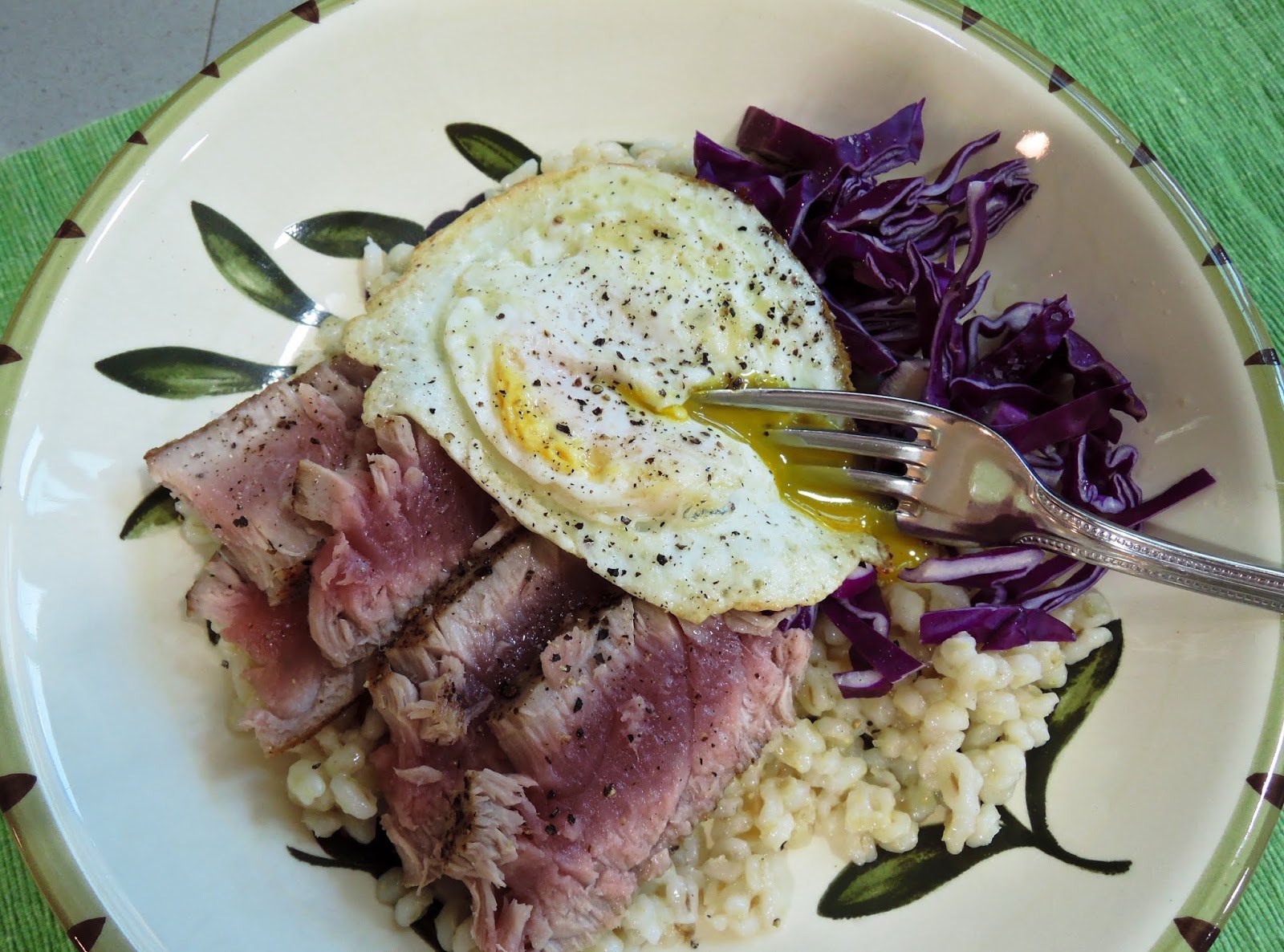 The Briny Lemon PanSeared Tuna Bowls with Barley, Cabbage, and Fried Egg