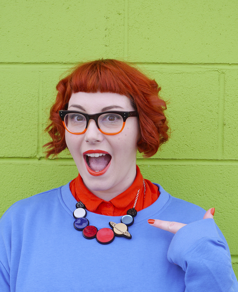 Embracing all the colours, inspired by Chuckie from Rugrats Red haired scottish blogger dresses as Chuckie Finster from Rugrats with vintage glasses and Sugar & Vice planet necklace