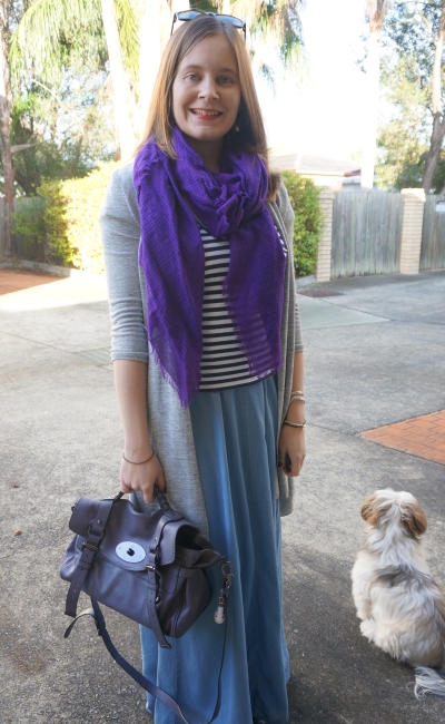 Noisy May Chambray maxi skirt striped tee grey cardi purple accessories | Away From Blue