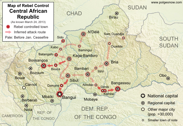 Central African Republic civil war: Map of Séléka's advance into capital city Bangui in March 2013