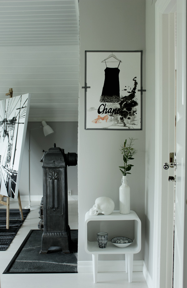 arbetsrum i vitt och grått, kamin, vitt bord village, artprint chanel, washitejp, ateljé, inredningstips