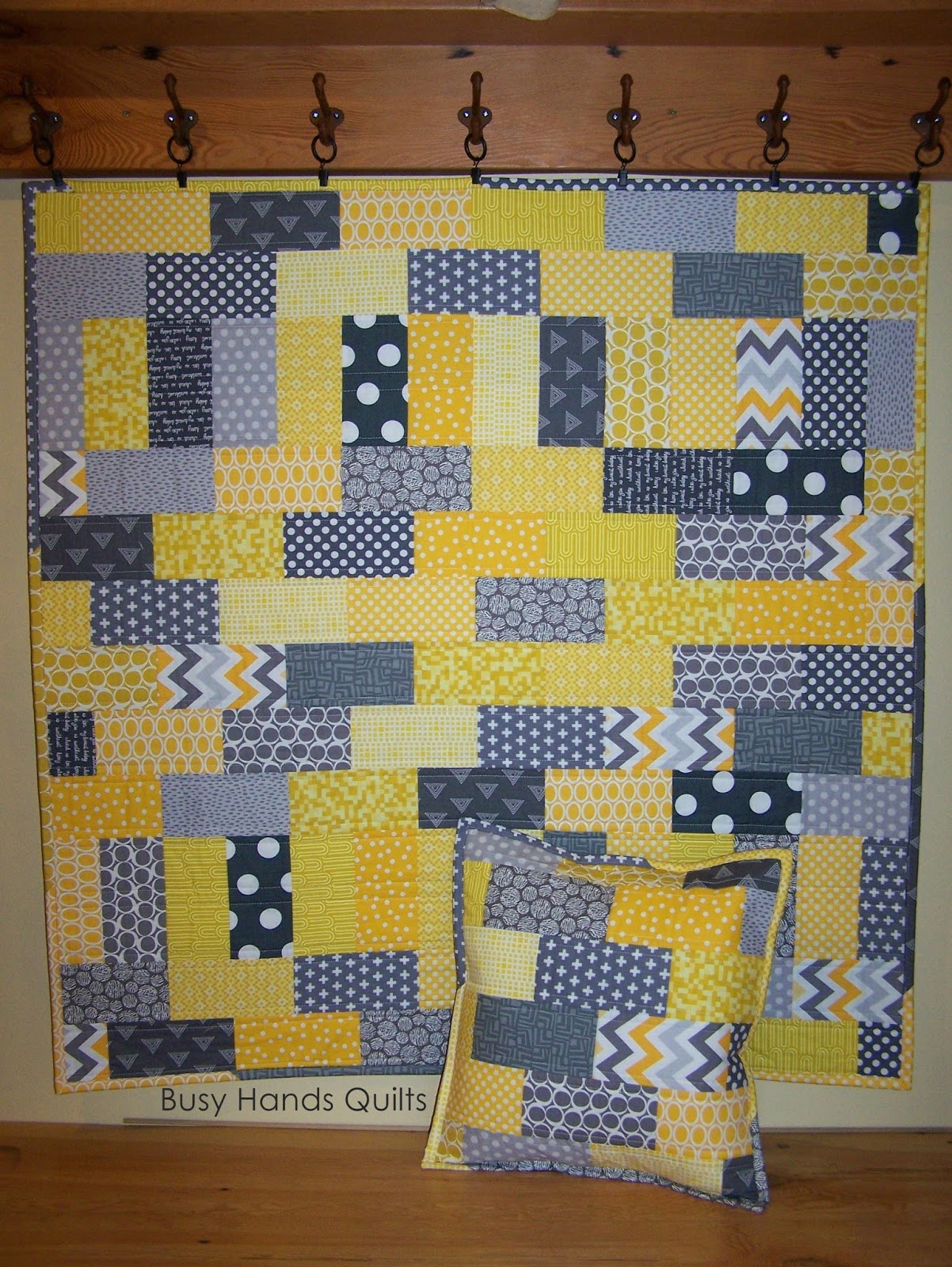 Busy Hands Quilts Custom Yellow and Gray Brick Baby Quilt + Pillow