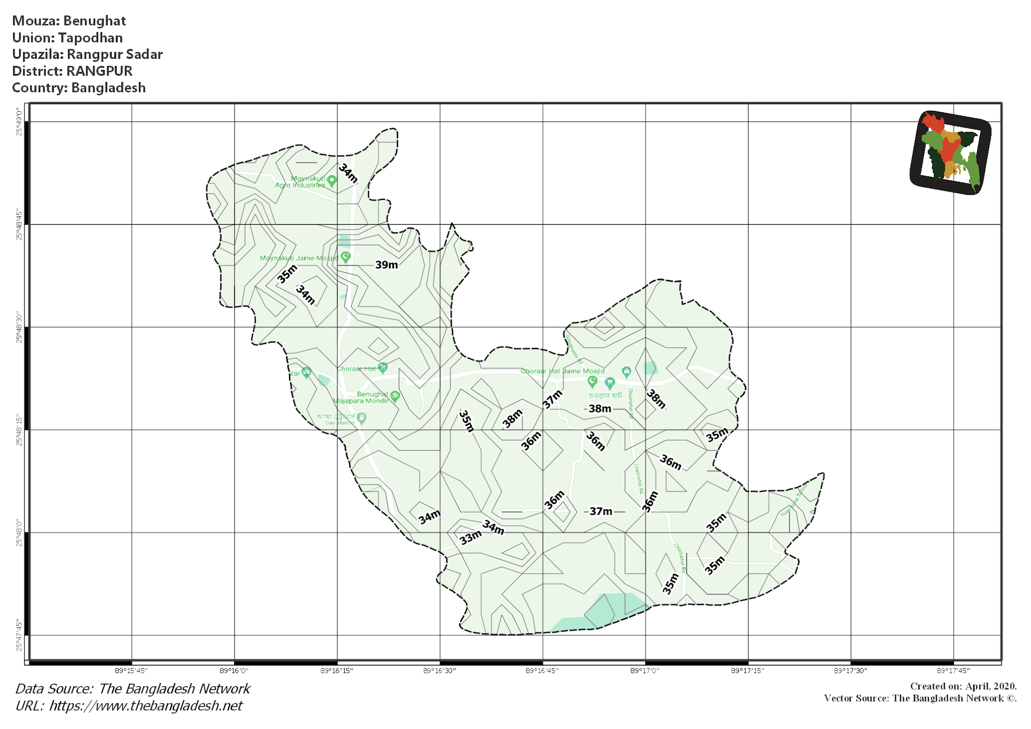 Map of Benughat Mouza of Rangpur Sadar Upazila, RANGPUR, Bangladesh.
