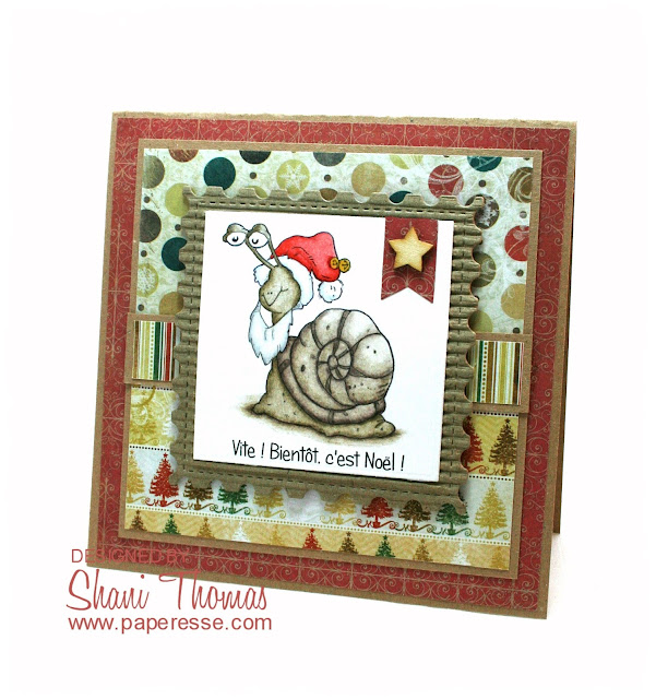<i>Carte de Noël escargot</i> – Christmas Snail card, featuring QKR Stampede Santa Snail digital stamp, by Paperesse.