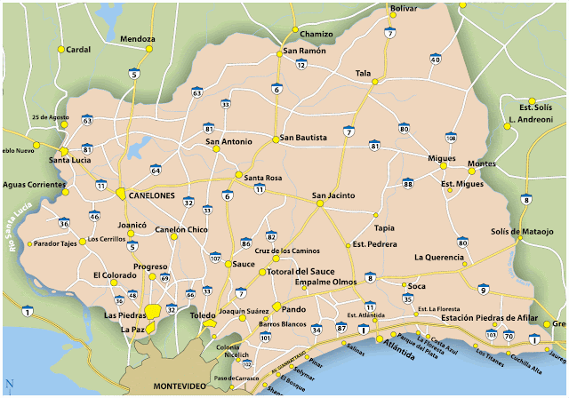 Mapa do Uruguai - Departamento de Canelones