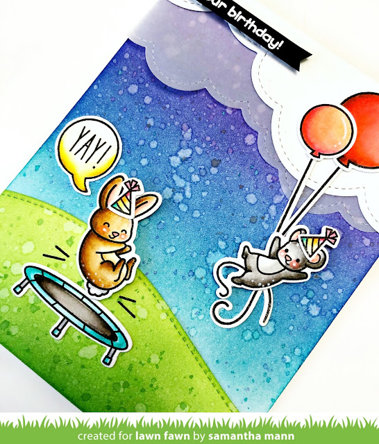 Really High Birthday Card by Samantha Mann for Lawn Fawn, Birthday, Distress Inks, Really High Five, Puffy Clouds, Cards, handmade cards, Card Making, Ink Blending, Youtube Video, #lawnfawn #video #distressinks #inkblending #birthday #cards