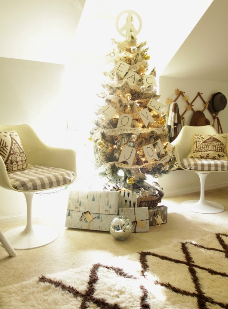 white gold vintage flocked tree Christmas decorations