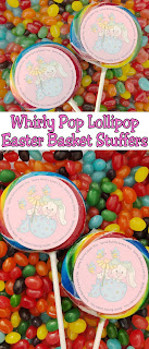 Create a fun and yummy Easter basket stuffer with these Whirly pop lollipop labels.  They are so easy to make and make great party favors or little gifts for everyone on the Easter bunny's list this year. #easter #easterbasket #easterfavor #candy #diypartymomblog