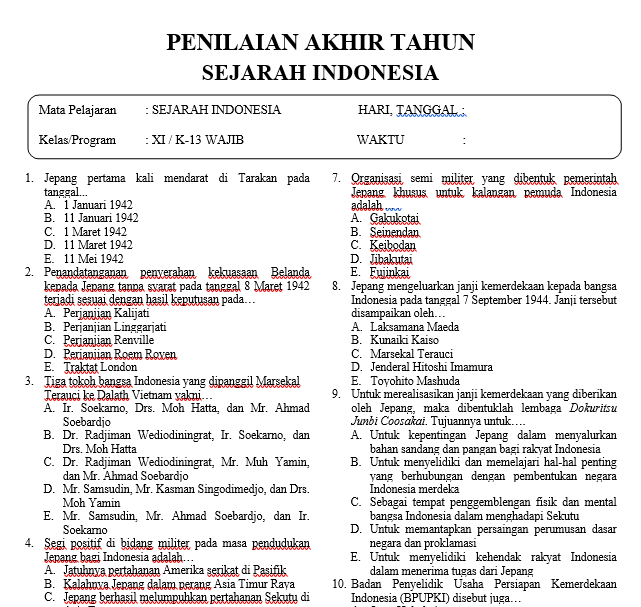 Soal PAT Sejarah Indonesia Kelas 11 dan Jawabannya Soal