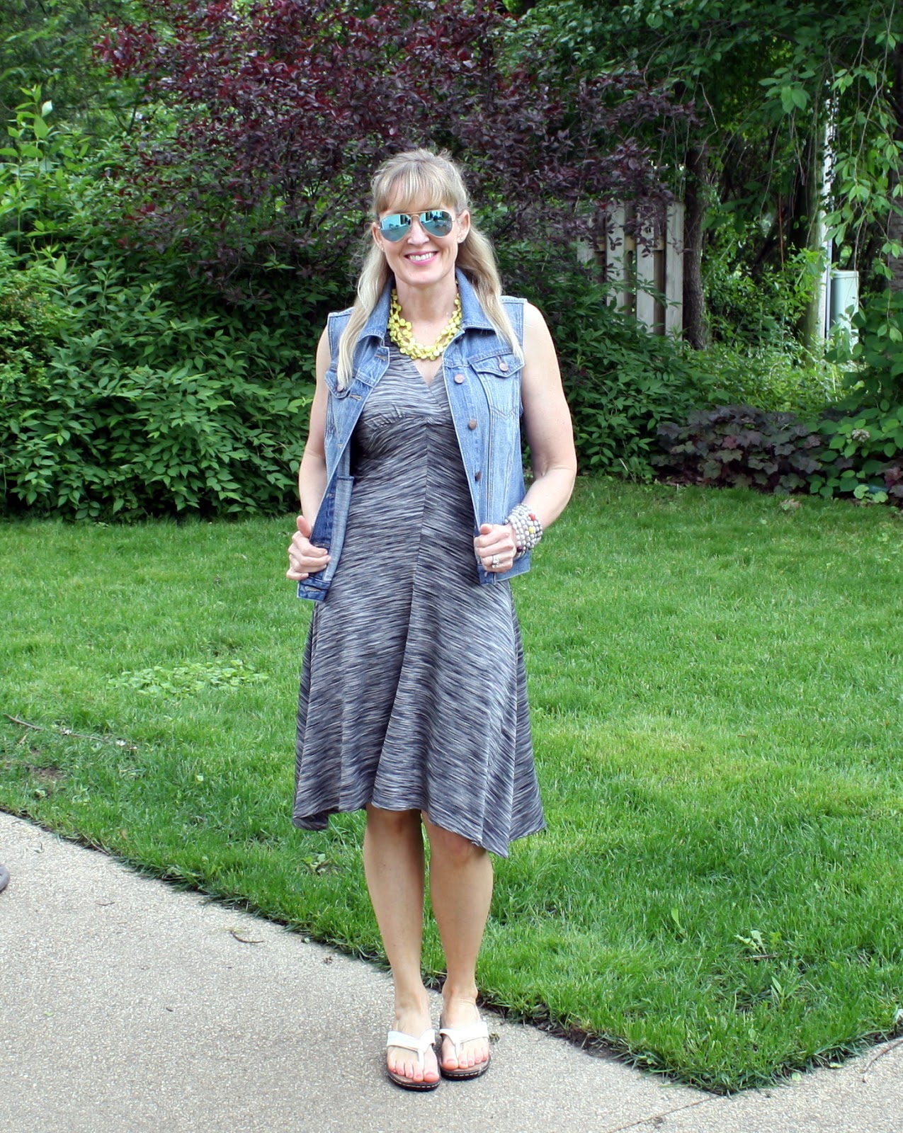 summer outfit with dress, denim vest and sandals