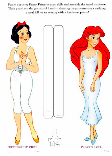 Princesas da Disney para você recortar e colocar as lindas roupinhas de papel: Branca de Neve, Cinderela, princesa Aurora e Ariel, a pequena sereia