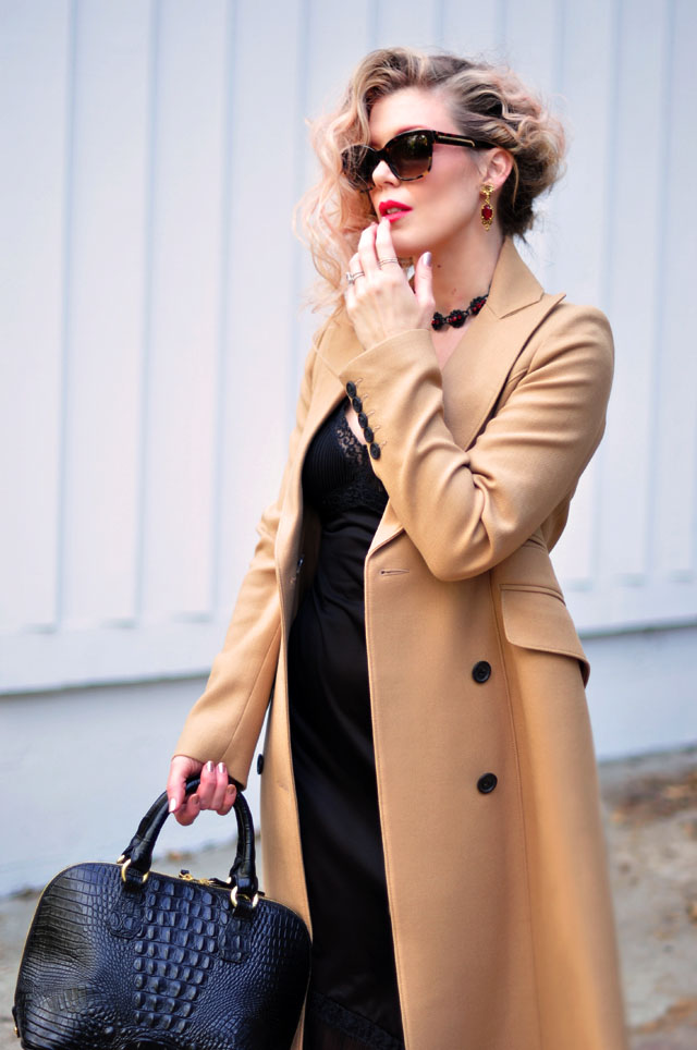 Camel Coat & Vintage Black Slip {dress}