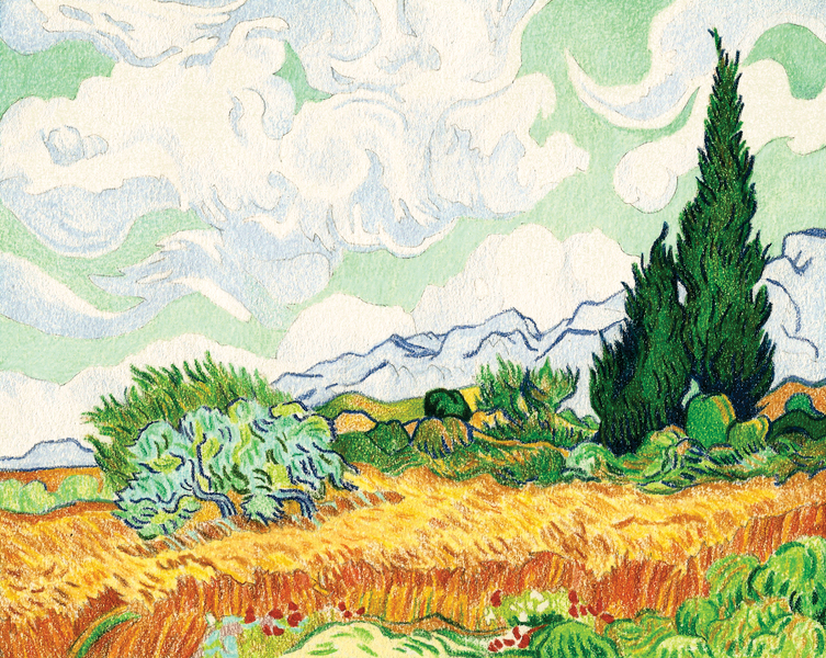 Wheat Field With Cypresses Colored Pencil Drawing