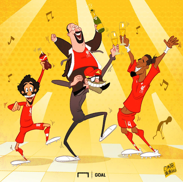 Mohamed Salah, Rafael Benitez, Jurgen Klopp, Virgil van Dijk cartoon